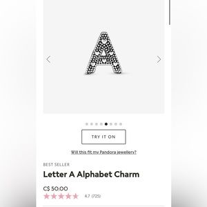 Authentic Pandora Letter A Alphabet Charm